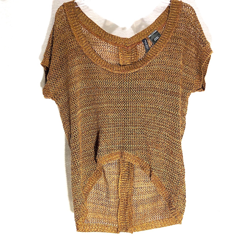 Bisou Bisou Sweater Womens M Brown Gold Hi Low Short sleeve Button back